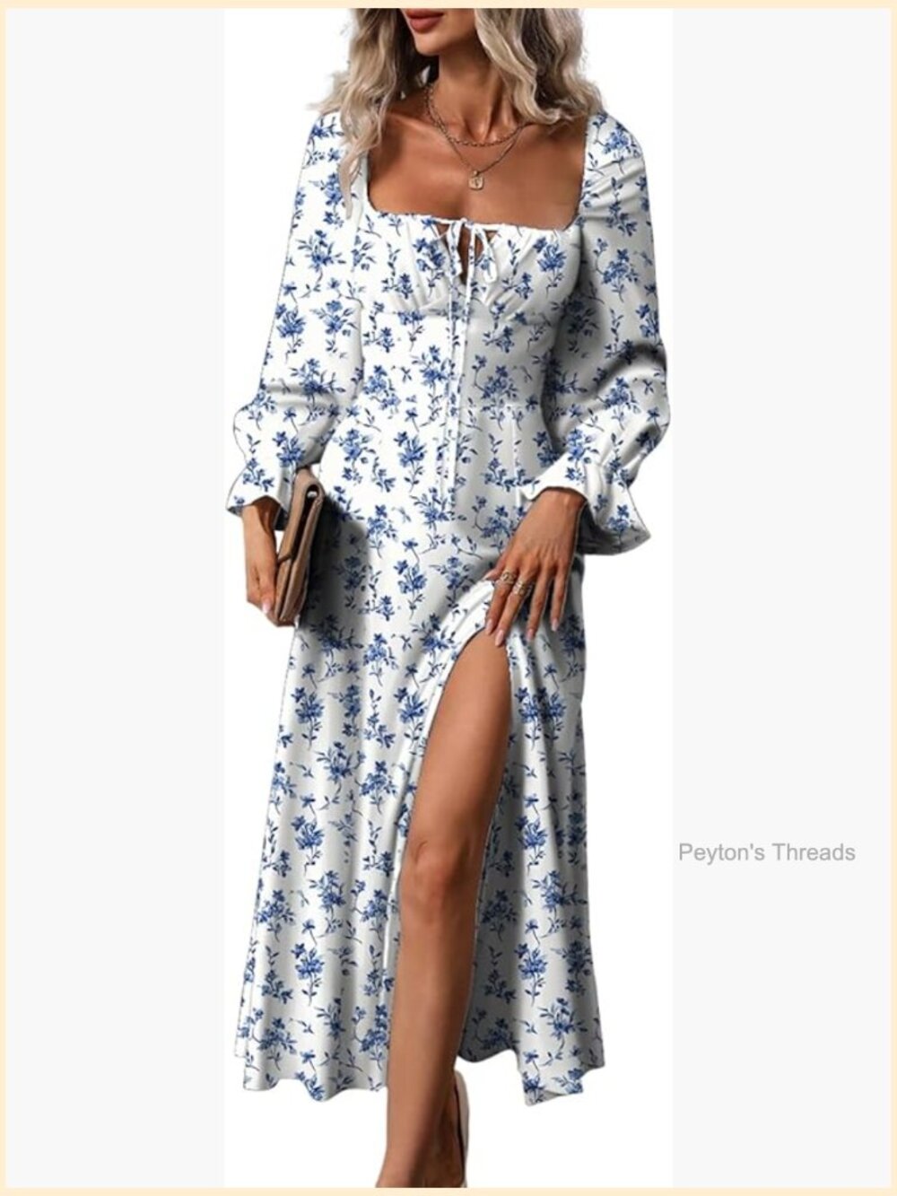 Square Neck Long Sleeve Boho Floral Midi Dress With Side Split